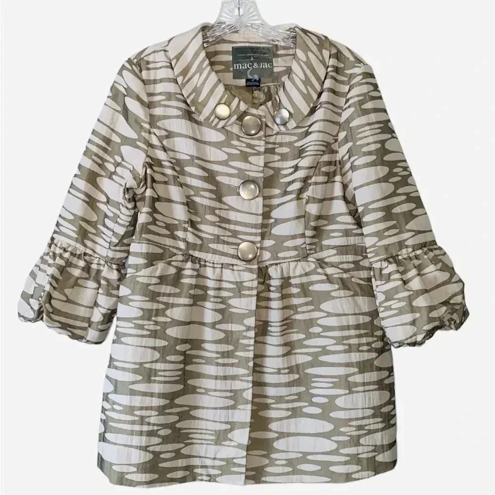 MAC & JAC* Sage & Ivory Animal Print Jacket Peplum Style 3/4 Puffy Sleeves Sz 10 - Picture 1 of 10